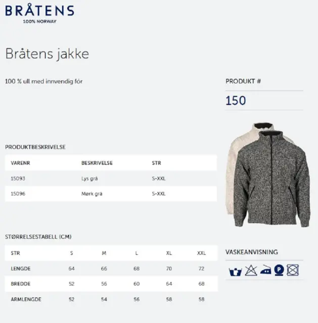Bråtens Jacka Lys grå S Fodrad jacka i 100 % norsk ull 