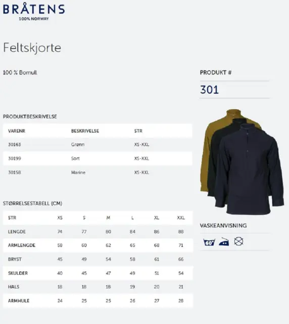 Bråtens Feltskjorte Grön XS Originaltröjan i 100% bomull 