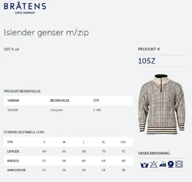 Bråtens Islender tröja med Zip Vit S Klassisk tröja i 100% Norsk ull 