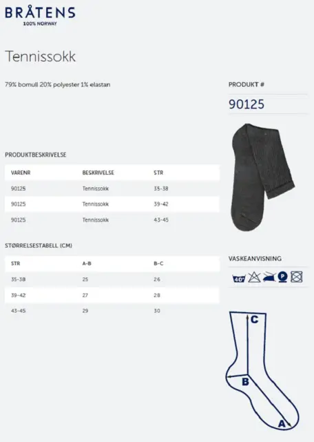 Bråtens Tennissock/Bomull Sort 35-38 Tennisstrumpor hög kvalitét 100% bomull 