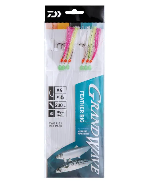 Daiwa Grand Wave Feather Rig 4 #4 Häckla med rosa,gul och vit flash 