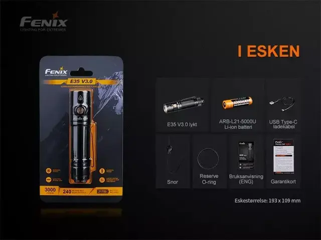 Fenix E35 V3 Led Lykt 3000lm Kraftig oppladbar lommelykt 5000mAh 