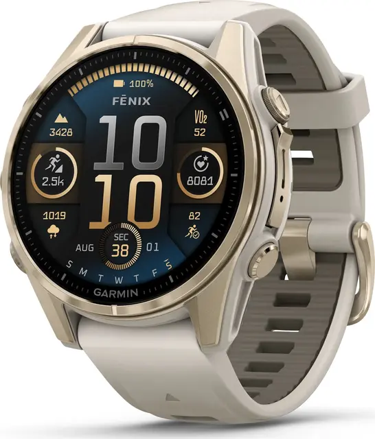 Garmin fenix 8 43 mm AMOLED Sapphire Soft Gold med tåkegrå/sand silikonrem 