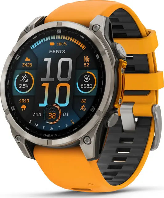 Garmin fenix 8 47 mm AMOLED Sapphire Titan med oransje/grafitt silikonrem 