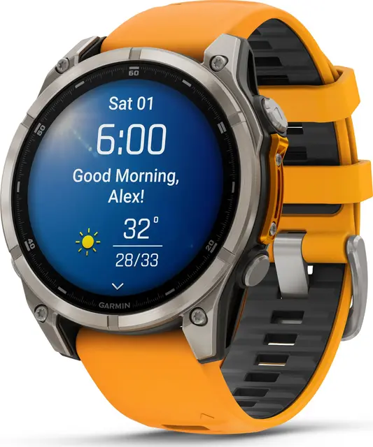 Garmin fenix 8 47 mm AMOLED Sapphire Titan med oransje/grafitt silikonrem 