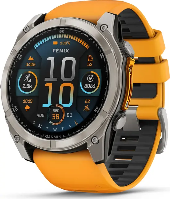 Garmin fenix 8 51 mm AMOLED Sapphire Titan med oransje/grafitt silikonrem 