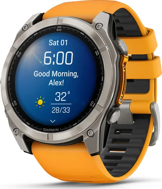 Garmin fenix 8 51 mm AMOLED Sapphire Titan med oransje/grafitt silikonrem 