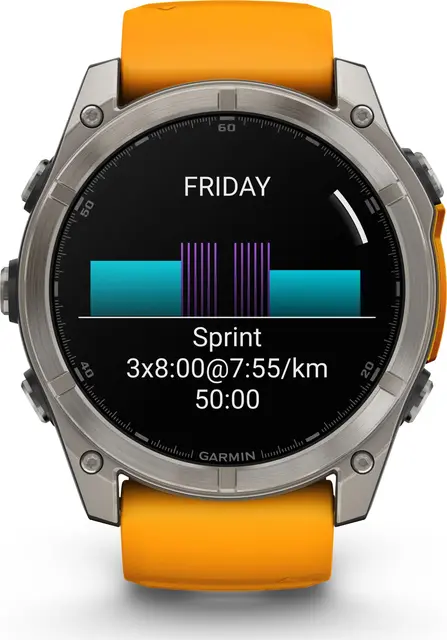 Garmin fenix 8 51 mm AMOLED Sapphire Titan med oransje/grafitt silikonrem 