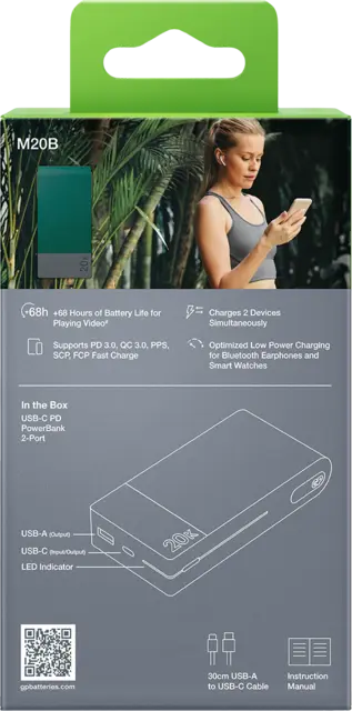 GP Powerbank M2 Green 20000 mAh, 22,5 W laddningshastighet 