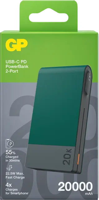 GP Powerbank M2 Green 20000 mAh, 22,5 W laddningshastighet 