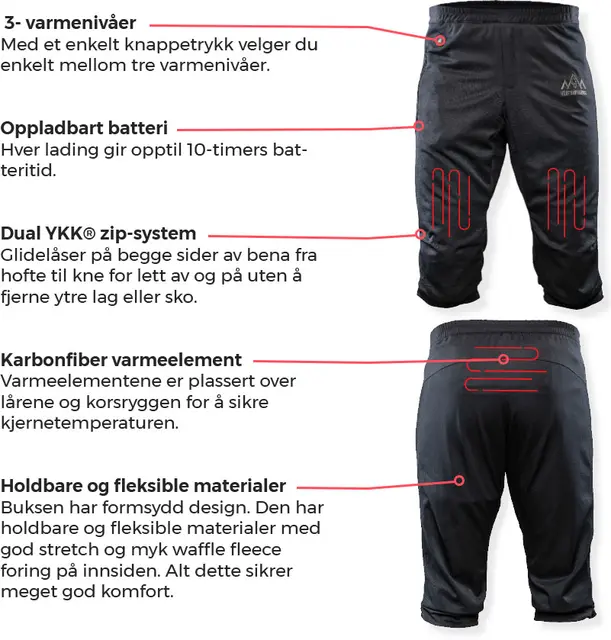 Heat Experience Heated Knee Pants S Slitstark Svart värmebyxa med dragkedjor 