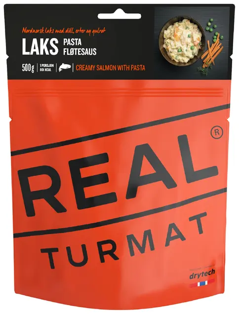 Real Turmat Laks med pasta & fløtesaus Nordnorsk laks med dill, erter og gulrot 