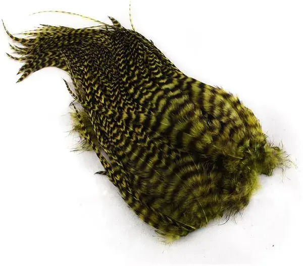 Whiting Bugger Pack Grizzly Gold Olive Lange fjær med naturlig tapering 