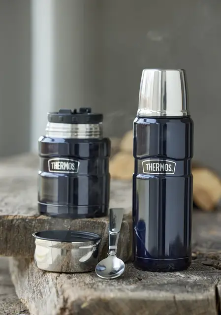 Thermos Stainless King Mattermos 0,47L Blå mattermos med foldbar skje i lokket 