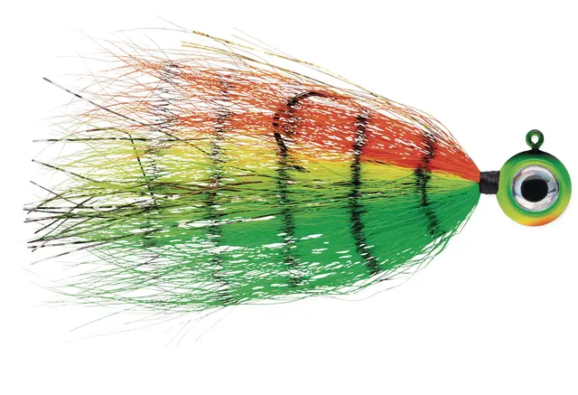 VMC Moontail jiggg Fire Tiger 10,5g jiggghuvud utrustade med bucktail/flash 