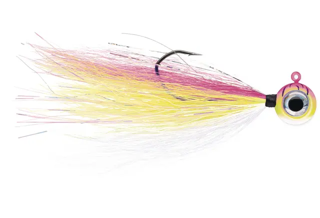 VMC Moontail jiggg Pink Fire UV 10,5g jiggghuvud utrustade med bucktail/flash 