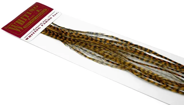 Whiting 100's Saddle Grizzly #16 Grizzly dyed March Brown krok #16 