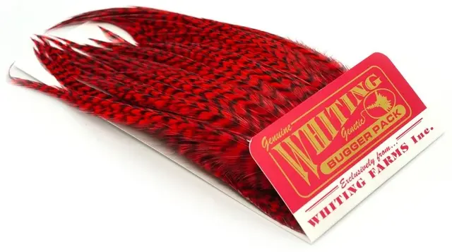 Whiting Bugger Pack Grizzly dyed Red Lange fjær med naturlig tapering 