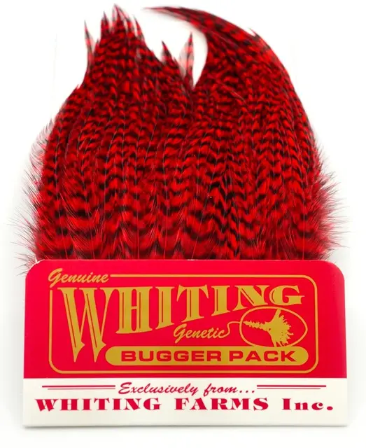 Whiting Bugger Pack Grizzly dyed Red Lange fjær med naturlig tapering 